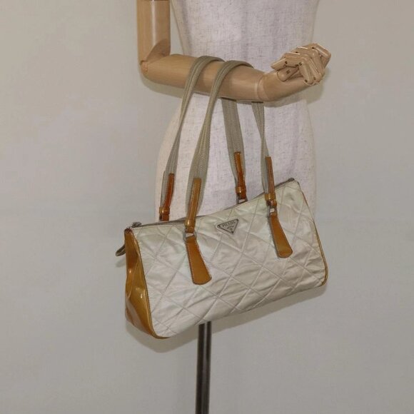 PRADA Quilted Hand Bag Nylon Beige Silver Auth - Picture 1 of 16